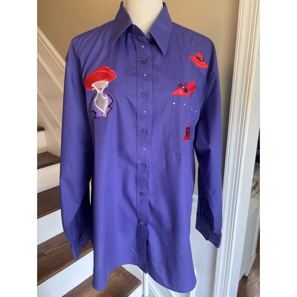 Womens Red Hat Society‎ Purple Button Down Shirt  Sz Xl  Rhinestone Hat  Vtg